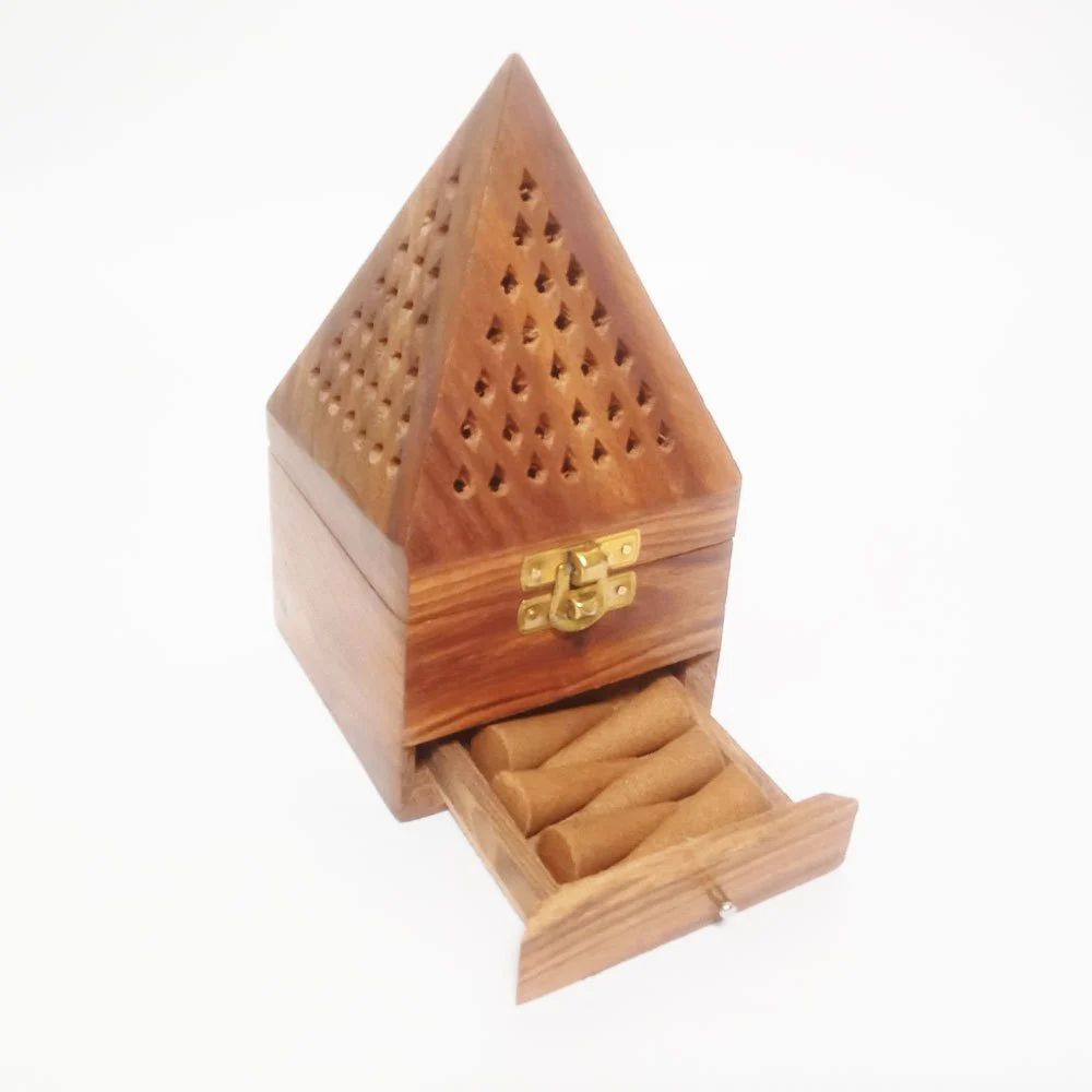 Handcrafted Wooden Pyramid Incense Cone Holder for Puja | Spiritual Agarbatti Box with Storage