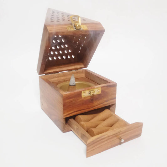 Handcrafted Wooden Pyramid Incense Cone Holder for Puja | Spiritual Agarbatti Box with Storage