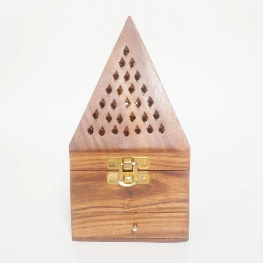 Handcrafted Wooden Pyramid Incense Cone Holder for Puja | Spiritual Agarbatti Box with Storage