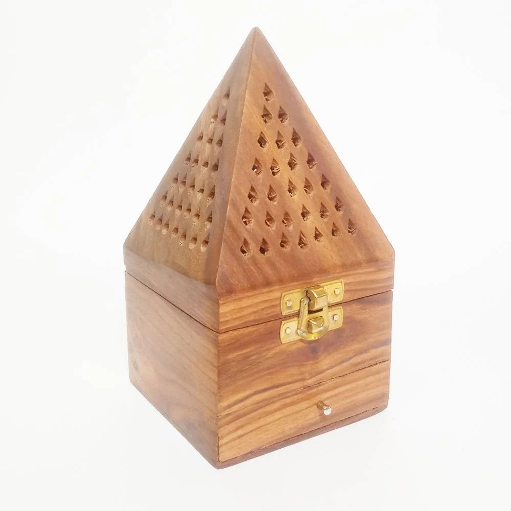 Handcrafted Wooden Pyramid Incense Cone Holder for Puja | Spiritual Agarbatti Box with Storage