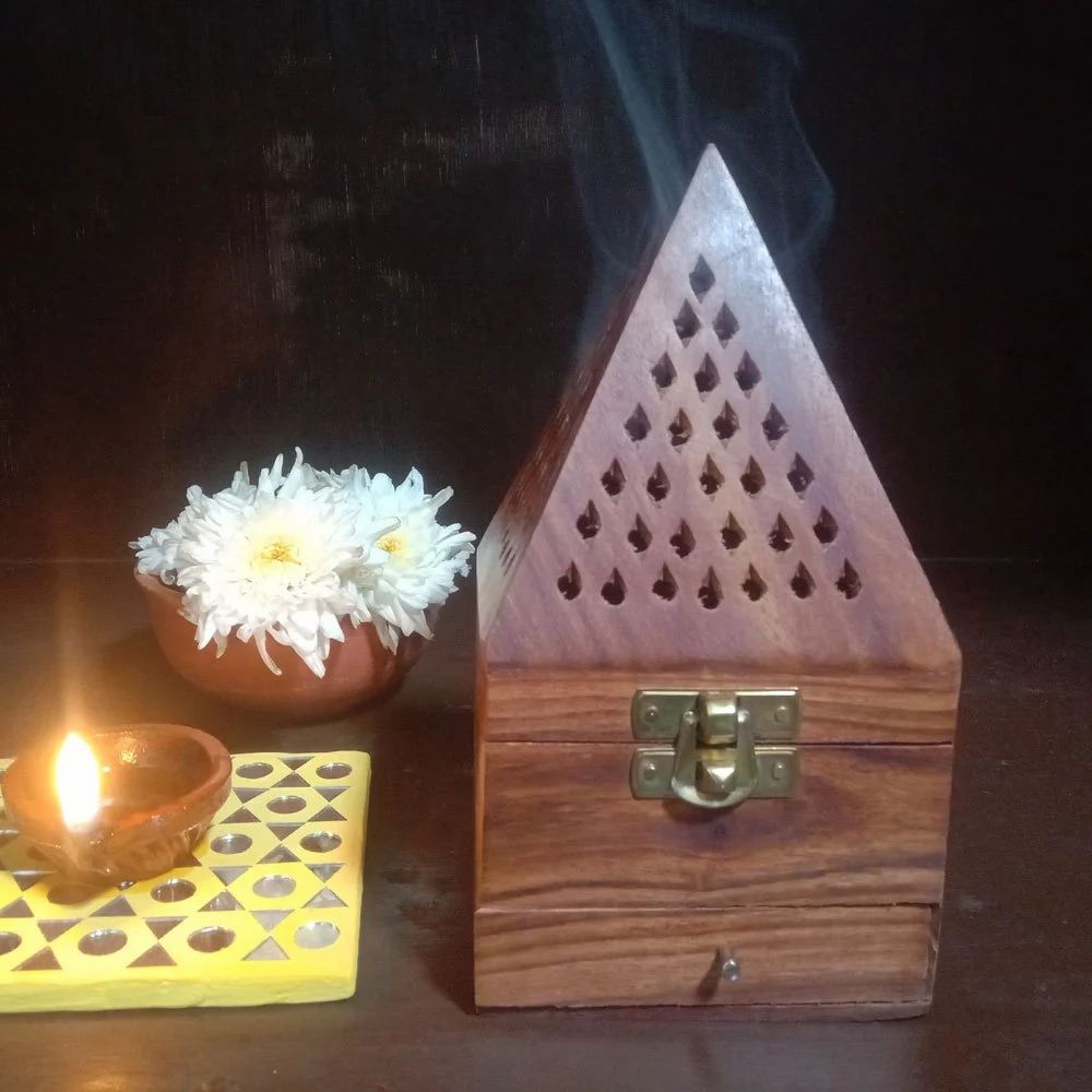 Handcrafted Wooden Pyramid Incense Cone Holder for Puja | Spiritual Agarbatti Box with Storage